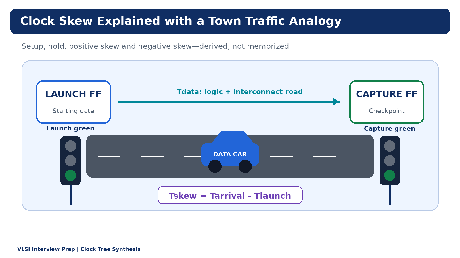 Clock skew explained with a town traffic analogy — launch flip-flop as starting gate, data path as road, capture flip-flop as checkpoint, with Tskew = Tarrival - Tlaunch formula